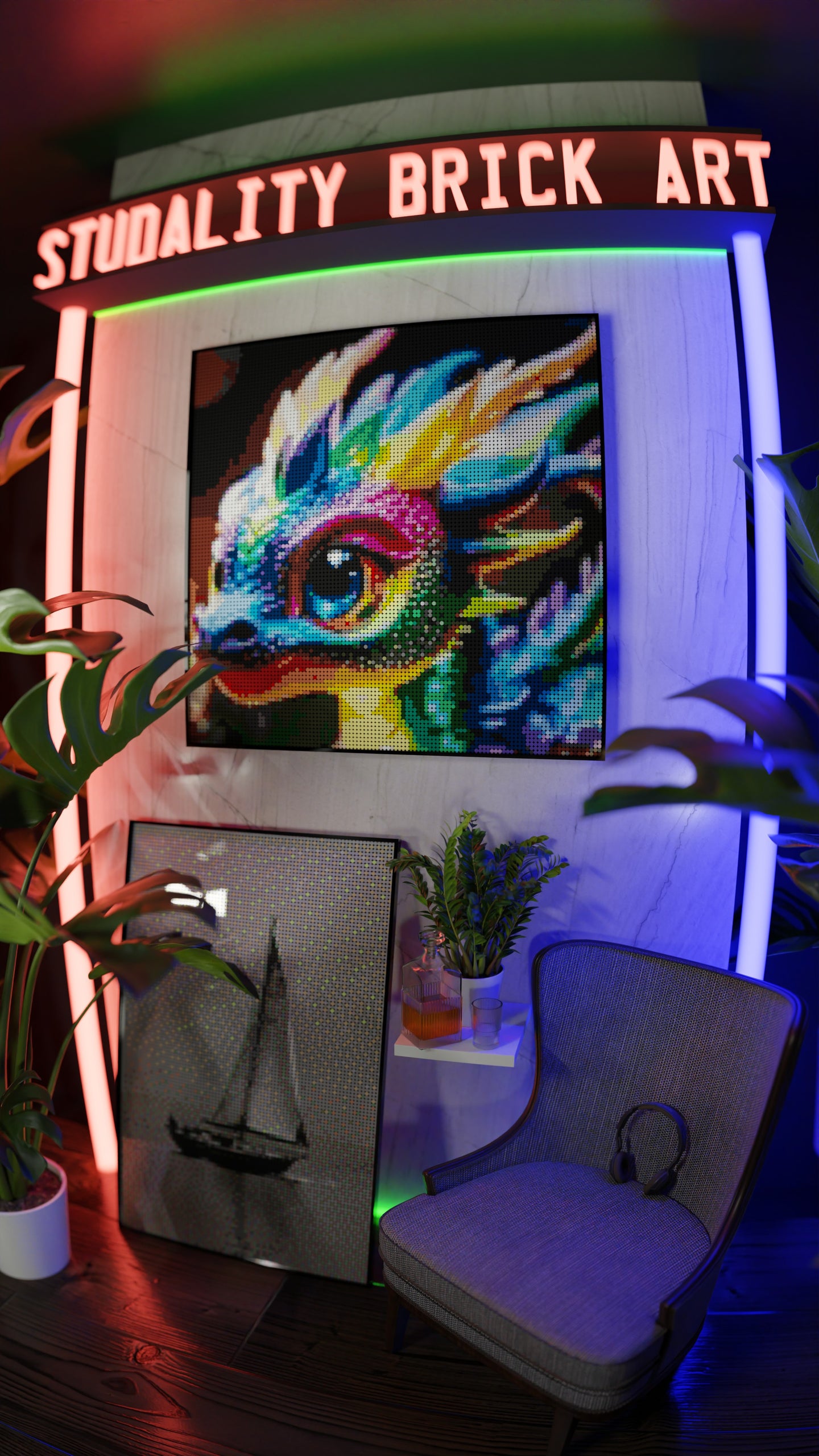 Neon Hatchling LEGO® Style mosaic pixel art design for display